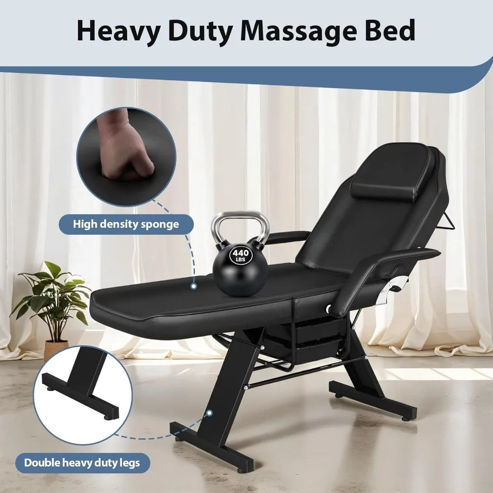 Massage Salon Tattoo Bed with Beauty Basket Professional 3 Fold Height Adjustable Massage Bed for Spa Salon Facial Lash Tattoo