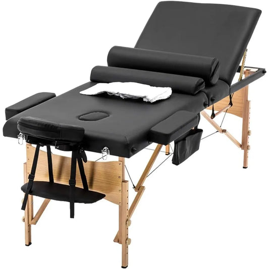 Massage Table Protable Massage Bed  Lash Bed Heigh Adjustable 3 Fold Spa Table with Towel Hanger Oil Pouch Half Bolster