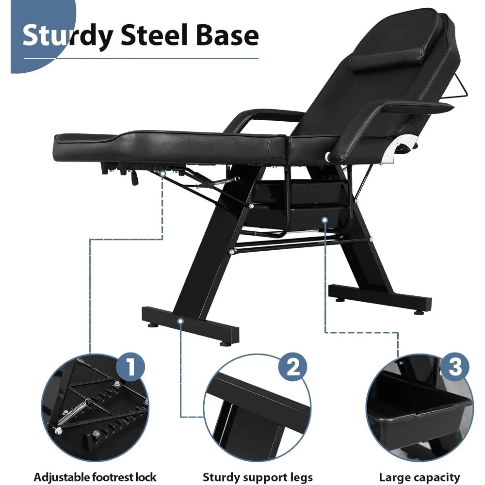 Massage Salon Tattoo Bed with Beauty Basket Professional 3 Fold Height Adjustable Massage Bed for Spa Salon Facial Lash Tattoo