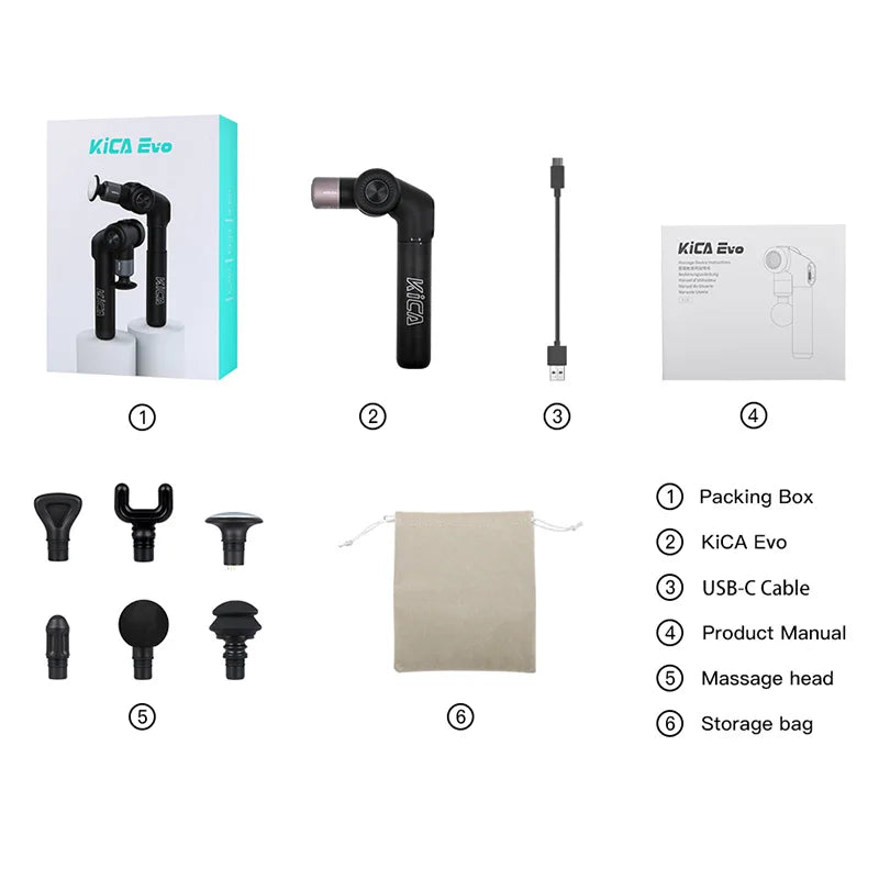 KiCA Evo Adjustable Fascia Gun with 6 Massage Heads and Heat 3 Gear 3200rpm 9cm Extension Rod Aluminum for Muscle Relaxation
