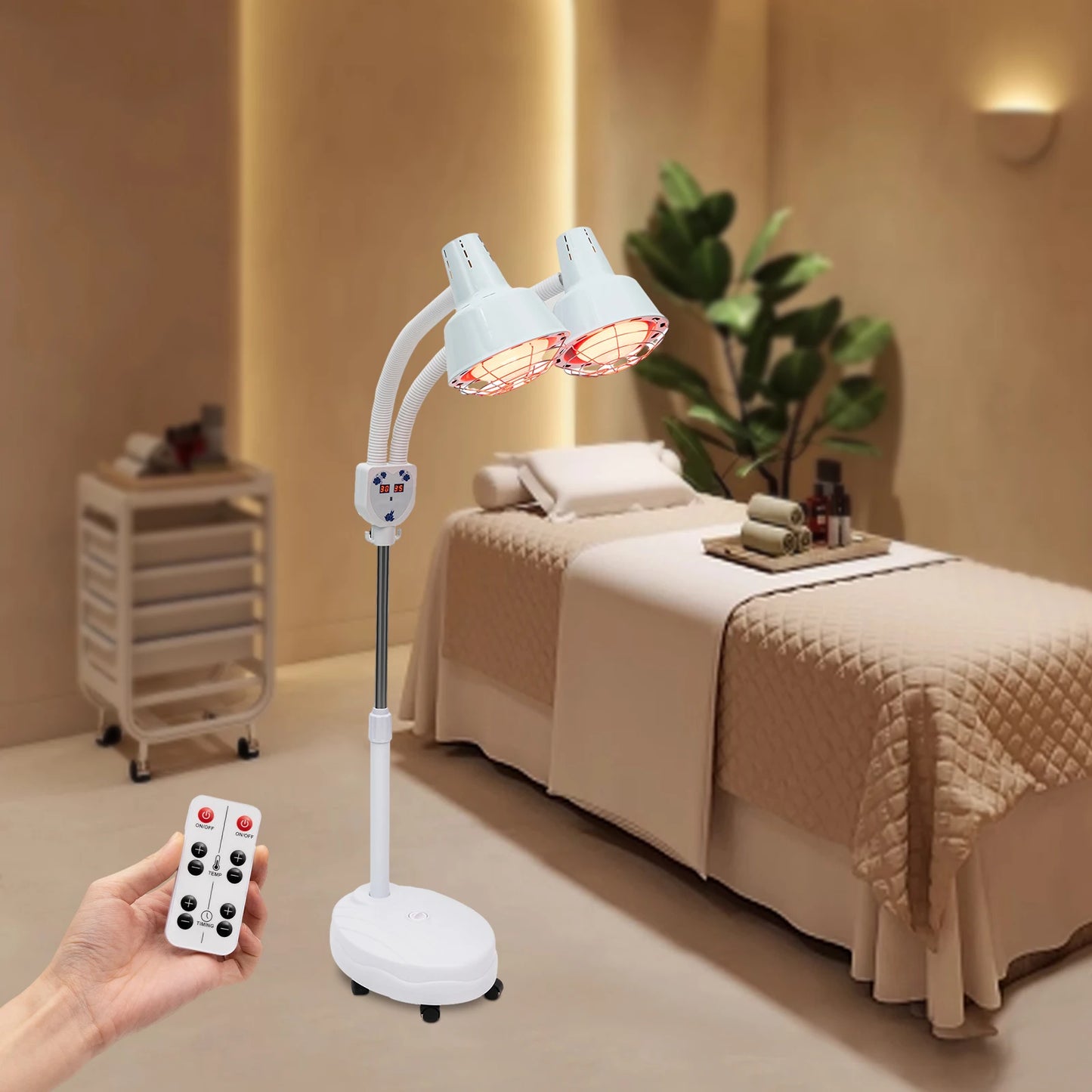 YIYIBYUS 275 Watt Double Head Electric Infrared Therapy Lamp 360 Degree Adjustable Temperature Heat Lamp with 6 Universal Wheels